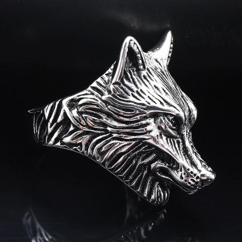 Viking Wolf Head Ring For Men Titanium Steel Punk Gothic Animal Finger Ring Electroplated Carving Jewelry Accessory