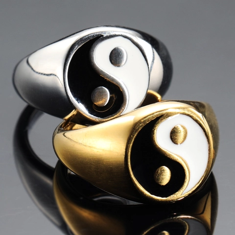 Vintage Chinese Style Tai Chi Yin Yang Titanium Steel Signet Ring For Men Women Retro Taoist Jewelry Polished Finger Ring