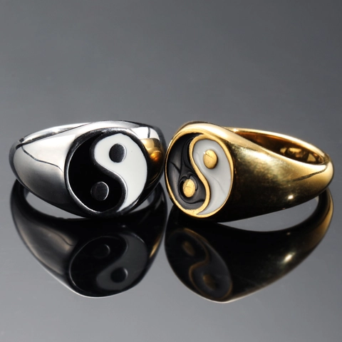 Vintage Chinese Style Tai Chi Yin Yang Titanium Steel Signet Ring For Men Women Retro Taoist Jewelry Polished Finger Ring