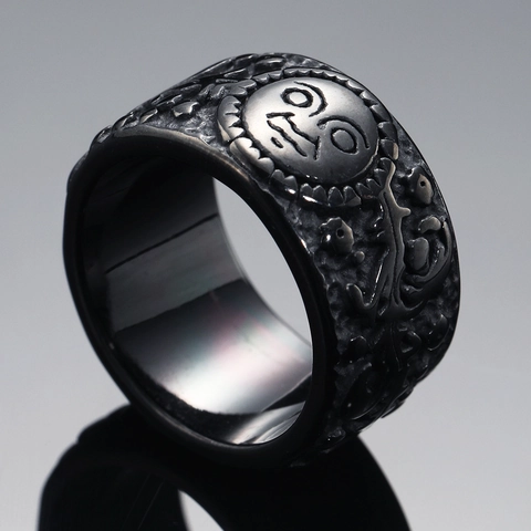 Vintage Gothic Sun Moon Star Relief Ring Titanium Steel Black Electroplated Wide Band Men Women Punk Jewelry Gift