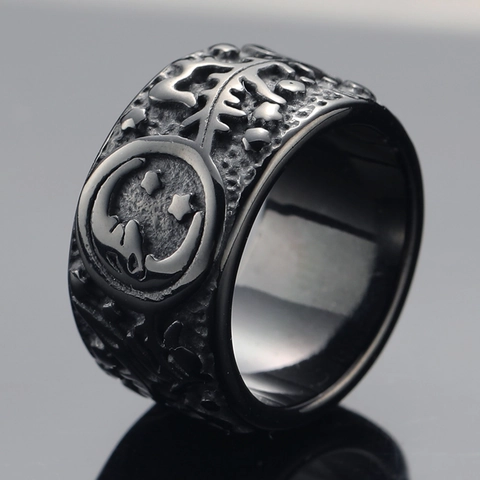 Vintage Gothic Sun Moon Star Relief Ring Titanium Steel Black Electroplated Wide Band Men Women Punk Jewelry Gift