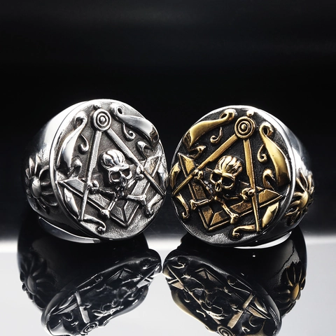 Retro Punk Stainless Steel Masonic Skull Ring For Men Gothic Signet Ring Vintage Gold Silver Two Tone Band Jewelry