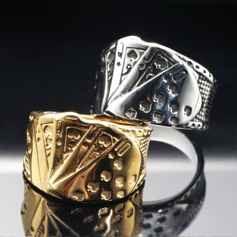 Stainless Steel Poker Royal Flush Band Ring Hip Hop Punk Spade Pattern Ring For Men Women Casual Party Jewelry Gift