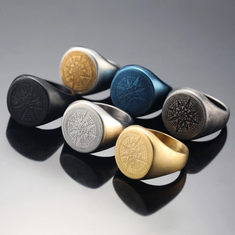 Men's Vintage Punk Stainless Steel Compass Signet Ring Retro Titanium Steel Star Compass Ring Fashion Jewelry Accessory