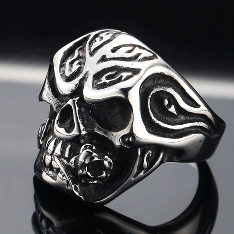 Anello Teschio Gotico Punk per Uomo in Acciaio Inossidabile Motivo a Fiamma Argento Rétro Invecchiato Teschio Biker Gioielli