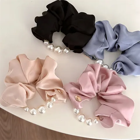 Eleganti Scrunchies in Satin Con Bordo di Perle Artificiali Stile Coreano Grandi Elastici per Capelli Effetto Seta per Donna
