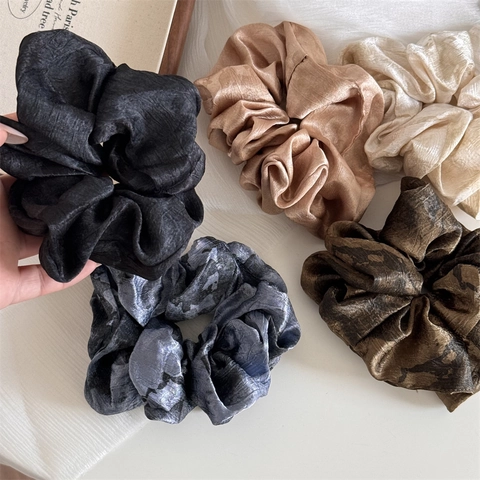 Vintage Chinese Style Ink Wash Tie-dye Scrunchie Pleated Glossy Satin Fabric Hair Tie For Women Elegant Hair Accessories