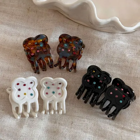 Korean Acetate Mini Hair Claw Clip Colorful Rhinestone Flower Bear Shape Small Hair Accessory For Women Temperament Hairpin