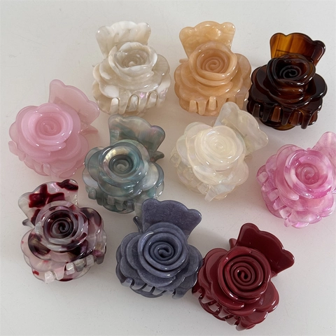 Französisch Süß Celluloseacetat Rose Blume Haarkralle Elegant 3D Blütenblatt Hai Clip Mode Haarschmuck Für Damen Mädchen