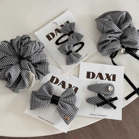 Accessori per Capelli Coreani Bianco Nero a Quadri Pied de Poule Fiocco Fermaglio per Capelli BB Clip Elastici in Tessuto per Donna Bambini