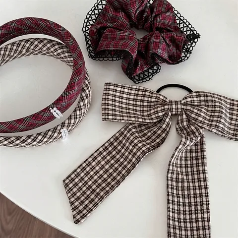 Set Accessori Capelli Quadri Vintage Donna Cerchietto Bordeaux Caffè Künstliche Perle Elastico Scrunchie Dolce Stile Preppy