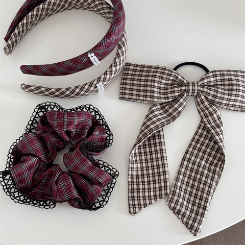 Set Accessori Capelli Quadri Vintage Donna Cerchietto Bordeaux Caffè Künstliche Perle Elastico Scrunchie Dolce Stile Preppy
