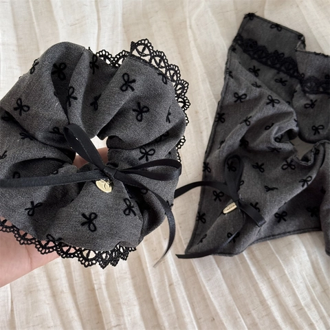 Chouchou Doux Coréen Avec Nœud En Dentelle Pour Femmes Élastique À Cheveux En Tissu Gris Avec Imprimé Noir Accessoires De Cheveux Rétro