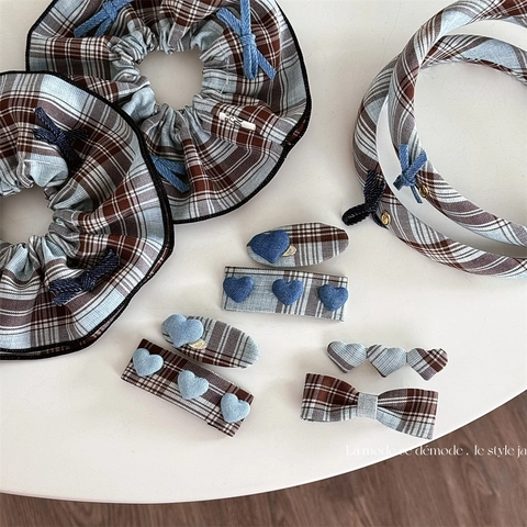 British Style Blue Plaid Hair Accessories Set French Vintage Heart Bow Hair Clips Scrunchies Headbands For Women Girls Jewelry