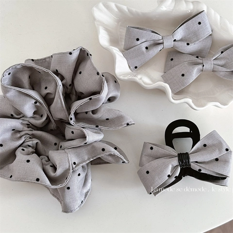 Pinzas para el Cabello con Lazo de Tela Gris y Lunares Dulce Estilo Coreano Clip de Pico de Pato Pinza de Garra Coletero Mujer Elegantes Accesorios para el Cabello