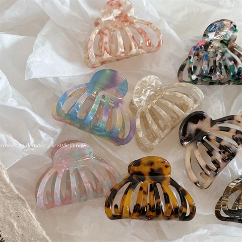 French Vintage Acetate Ocean Shell Hollow Hair Claw For Women Marbled Leopard Floral Shark Clip Versatile Hair Styling Accessories