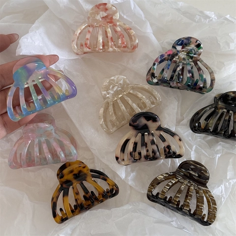 French Vintage Acetate Ocean Shell Hollow Hair Claw For Women Marbled Leopard Floral Shark Clip Versatile Hair Styling Accessories