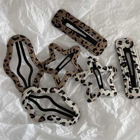 Vintage Leopard Print Fabric Wrapped BB Hair Clips For Women Girls Star Cloud Geometric Shape Hairpins Hair Accessories