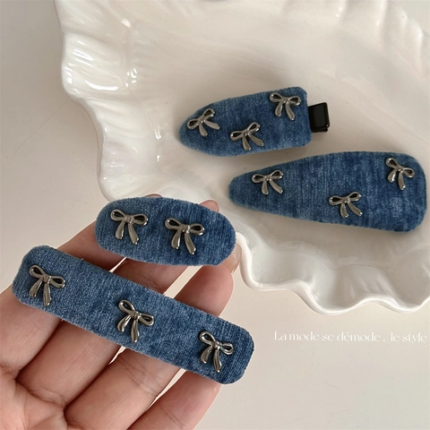 Pince à Cheveux Nœud en Flanelle de Denim Vintage pour Femmes Alliage Métal Nœud Papillon Clip Latéral Bleu Gris Doux Style Coréen
