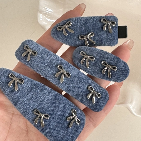 Pince à Cheveux Nœud en Flanelle de Denim Vintage pour Femmes Alliage Métal Nœud Papillon Clip Latéral Bleu Gris Doux Style Coréen