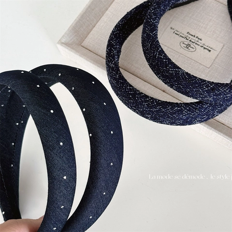 Cerchietto Imbottito in Denim con Strass Moda Coreana per Donna Fatto a Mano in Tessuto Largo Stretto Blu Spugna Fascia per Capelli
