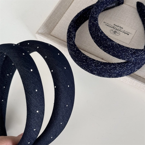 Cerchietto Imbottito in Denim con Strass Moda Coreana per Donna Fatto a Mano in Tessuto Largo Stretto Blu Spugna Fascia per Capelli