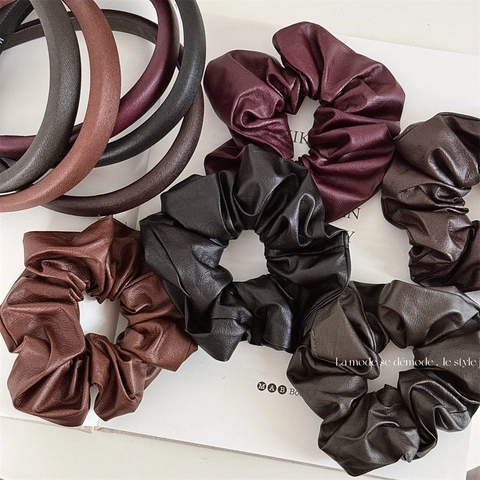 French Style Artificial Leather Headband and Scrunchie Solid Color Soft Elegant Hair Hoop Hair Ties For Women Hair Accessories