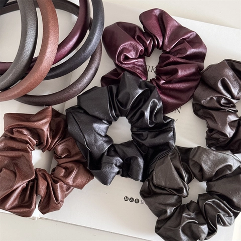 French Style Artificial Leather Headband and Scrunchie Solid Color Soft Elegant Hair Hoop Hair Ties For Women Hair Accessories