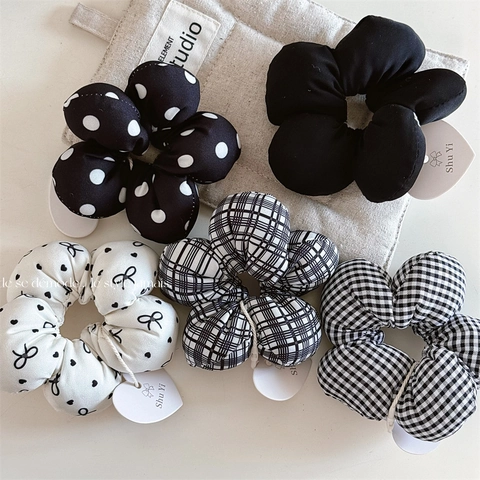 Elastici per Capelli in Tessuto a Forma di Fiore per Donna Pois Neri Bianchi Griglia Fiocco Accessori in Stile Coreano