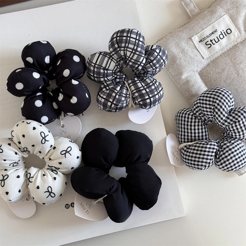 Elastici per Capelli in Tessuto a Forma di Fiore per Donna Pois Neri Bianchi Griglia Fiocco Accessori in Stile Coreano