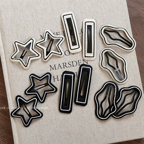 Fermaglio per Capelli Geometrico Minimalista Bianco e Nero Stella Nuvola Rettangolo in Pelle PU Cucita Clip BB in Metallo Donna