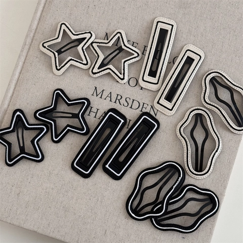 Fermaglio per Capelli Geometrico Minimalista Bianco e Nero Stella Nuvola Rettangolo in Pelle PU Cucita Clip BB in Metallo Donna