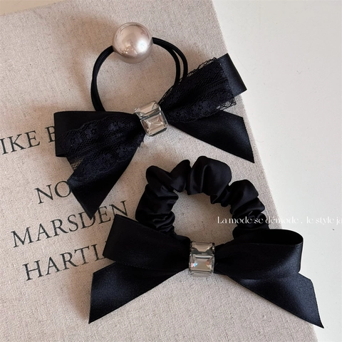 Elegante Elastico per Capelli con Fiocco in Raso e Pizzo Nero Con Künstliche Perle Artificiali e Strass Stile Coreano Accessori per Capelli