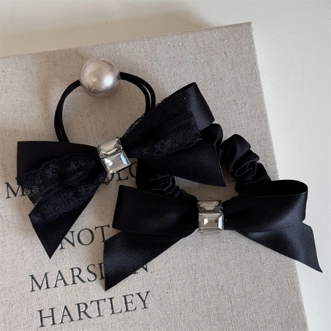 Elegante Elastico per Capelli con Fiocco in Raso e Pizzo Nero Con Künstliche Perle Artificiali e Strass Stile Coreano Accessori per Capelli