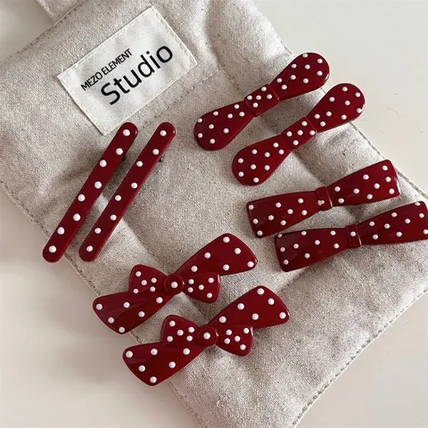 Pinza para el Pelo Vintage Roja con Lunares Lazo Dulce de Resina Aleación Clip de Pico de Pato Accesorios para el Cabello Mujer