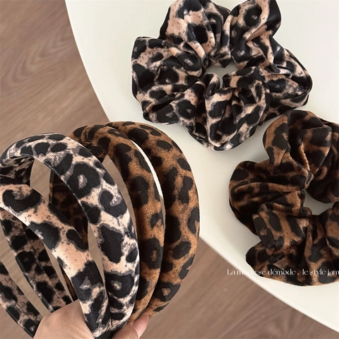 Retro Leopardenmuster Samt Stoff Haarschmuck Set Handgefertigtes Leopardenmuster Stirnband Und Haargummi Für Damen Mode Haarstyling