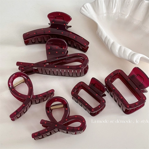 Französisches Vintage Dunkelrot Punktmuster Haarkralle Für Damen Große Kunststoff Harz Haarklammer Süße Elegante Alltag Haarschmuck