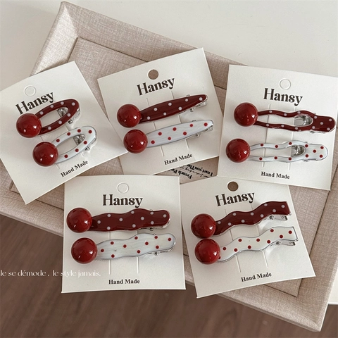 Sweet Red White Polka Dot Hair Clip Set Vintage Alloy Plastic Duckbill Clips With 3D Ball Decoration For Women Girls Hair Accessories