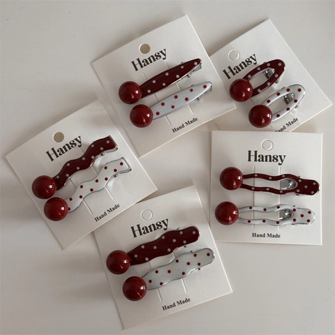 Sweet Red White Polka Dot Hair Clip Set Vintage Alloy Plastic Duckbill Clips With 3D Ball Decoration For Women Girls Hair Accessories