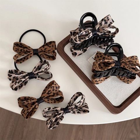 Fermaglio per Capelli con Fiocco Leopardato Moda Vintage in Tessuto Clip a Becco d'Anatra Artiglio per Capelli Donna