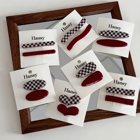 Vintage Karo Gingham Rot Haarspangen Süße Acetat Entenschnabel Haarnadeln Für Damen Retro Patchwork Täglicher Haarschmuck