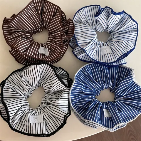 Coleteros Grandes de Tela a Rayas Hechos a Mano Doble Capa Anillos para el Cabello Fresco Dulce Soporte de Cola de Caballo Mujer