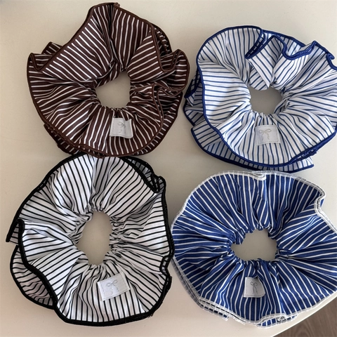 Coleteros Grandes de Tela a Rayas Hechos a Mano Doble Capa Anillos para el Cabello Fresco Dulce Soporte de Cola de Caballo Mujer