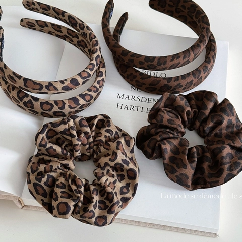 Vintage Leopard Print Fabric Hairband And Scrunchie Retro Wide Padded Headband For Women Fashion Hair Accessories