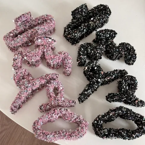 Elegante Molla per Capelli Grande in Tweed con Paillettes per Donna Fiocco alla Moda Pinza a Granchio Accessori per Capelli in Tessuto Fatti a Mano