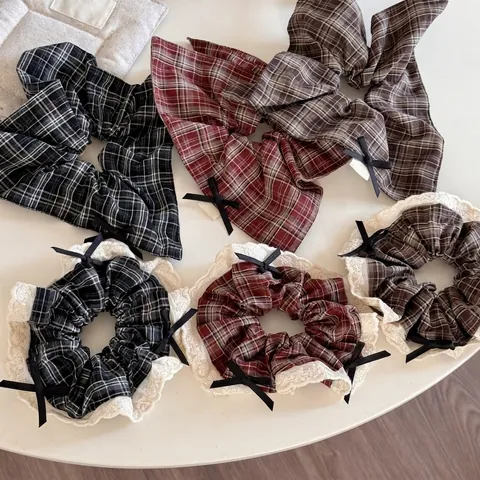 Vintage Plaid Haargummi Für Damen Retro Schleife Spitze Rand Haargummi Elastischer Stoff Dickdarm Haarring Accessoires