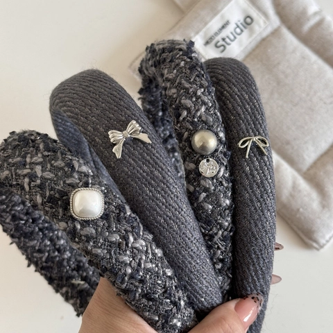 Cerchietto in Tweed Vintage Francese per Donna Elegante Cerchietto in Tessuto Grigio Con Decorazione a Fiocco di Künstliche Perle