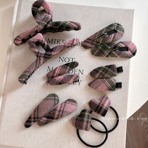 Fermaglio per Capelli Vintage Plaid Grigio Rosa Avvolto in Tessuto Clip a Artiglio Squalo Elegante Elastico per Capelli Cuore Clip BB per Accessori Capelli Donna