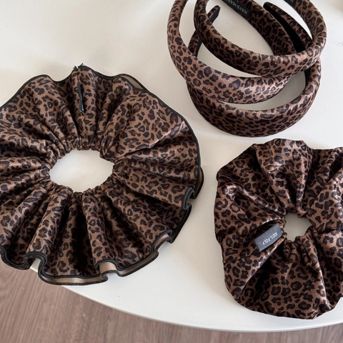 Korean Style Velvet Leopard Print Oversized Scrunchies Set Large Double Layer Hair Tie Vintage Handmade Fabric Headband For Women