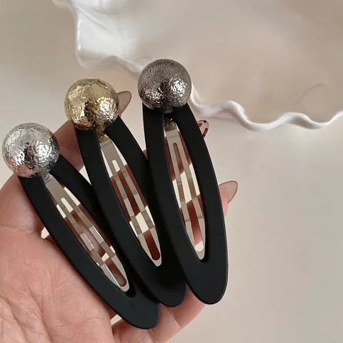 Vintage Mattiert Schwarz BB Haarspange Mit Gehämmert Gold Silber Metall Kugel Dekorativ Pony Clip Für Damen Haarschmuck